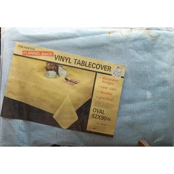 Vintage Oval Polyester Vinyl Blue Tablecover with Flannel Back 52" X 90" Decorat - Picture 1 of 2